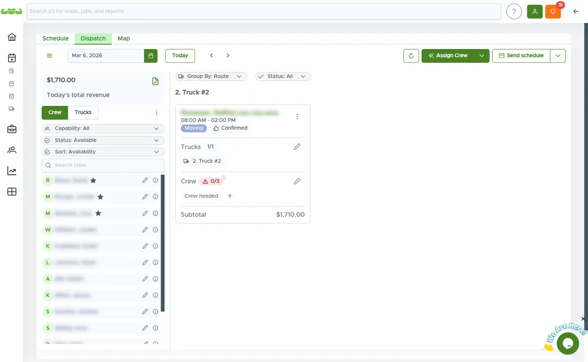 MoveRight dispatch board — assign crews to jobs with drag and drop