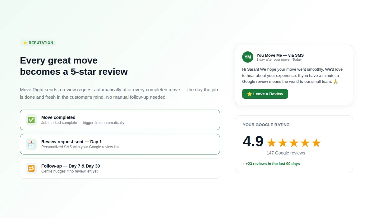 MoveRight automated rules engine — send post-move review requests automatically