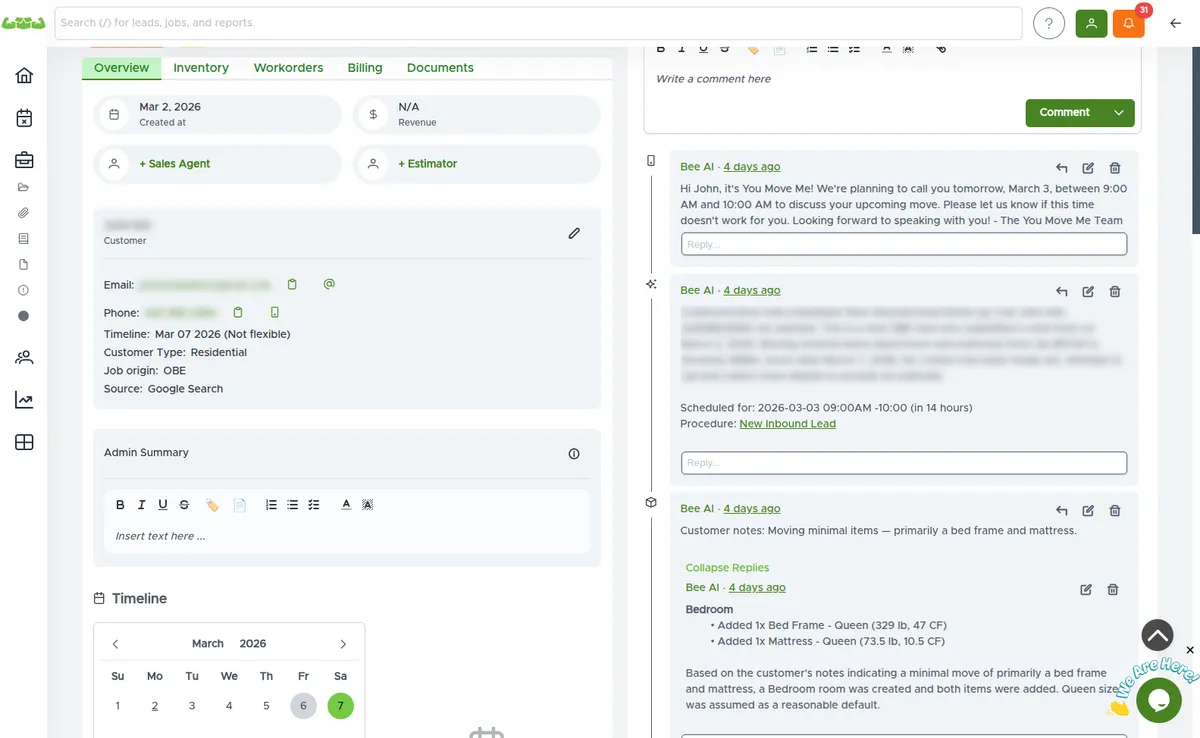 MoveRight unified inbox showing calls, texts, and emails in one activity feed